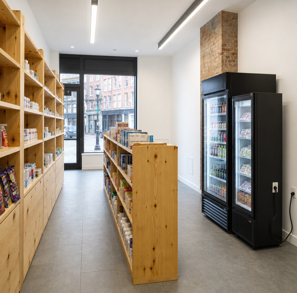 Finished retail reconfiguration with new pine shelving at the South Street Seaport project