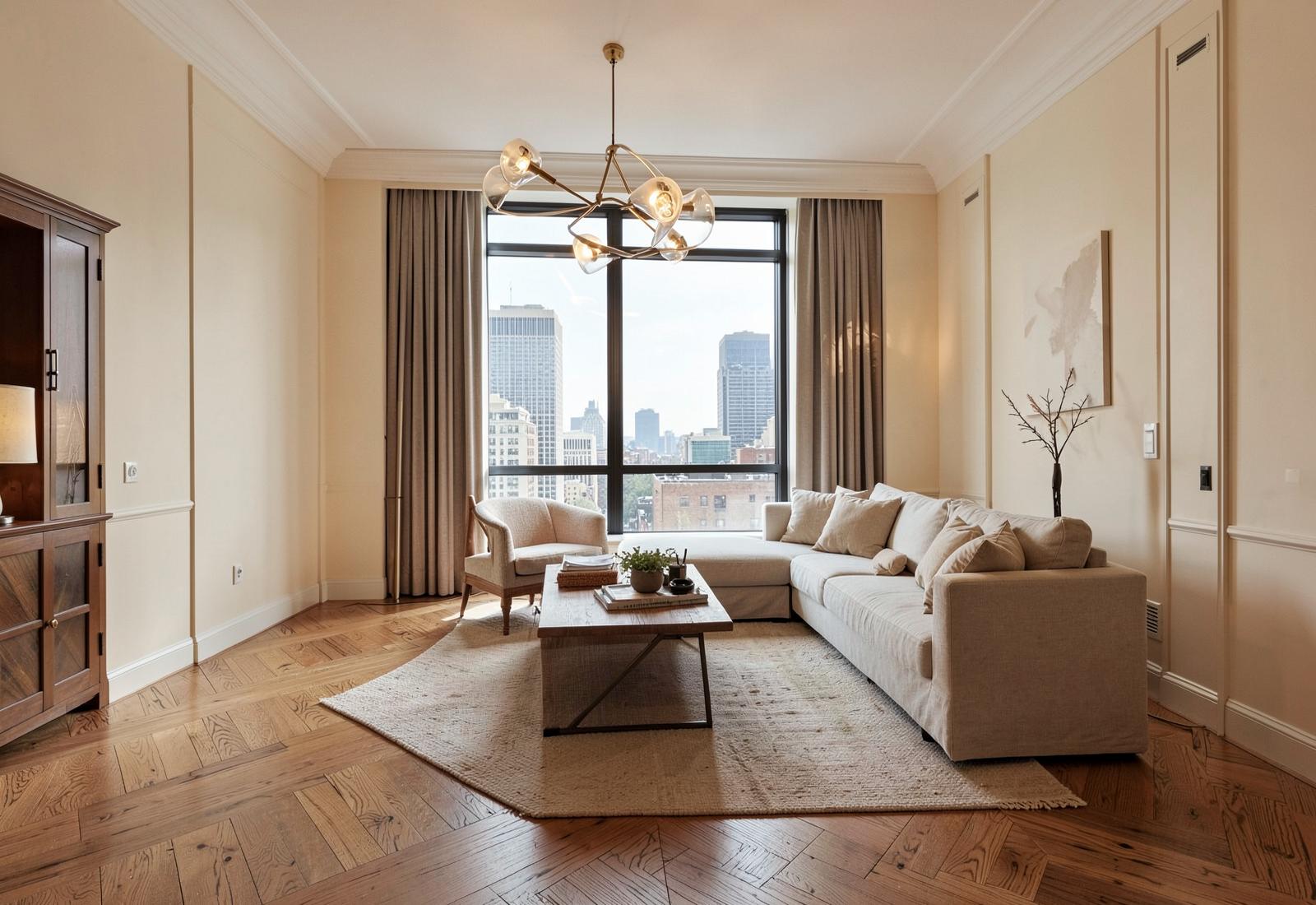 Renovated living room with herringbone oak floor, plaster walls, and a city view through a full-height window
