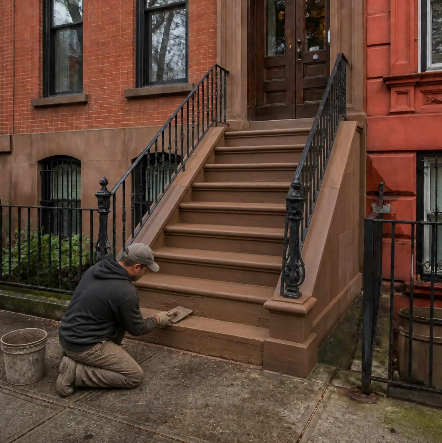 New brownstone facing nearly complete on the Carroll Gardens stoop