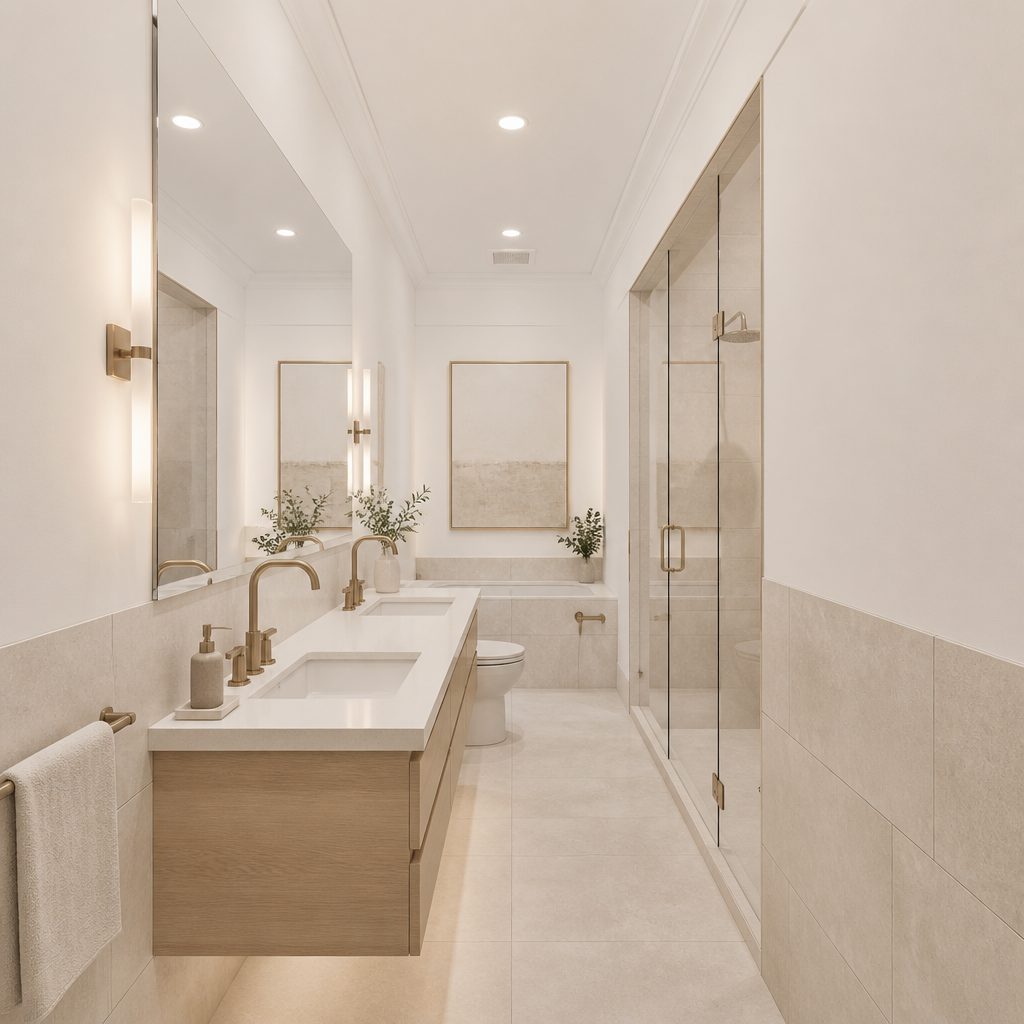 The same bathroom finished with new tile, vanity, and fixtures