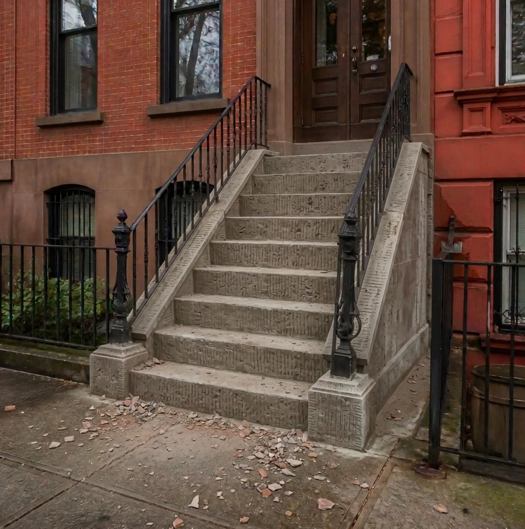 Deteriorated brick facing removed and cement base prepared at the Carroll Gardens stoop