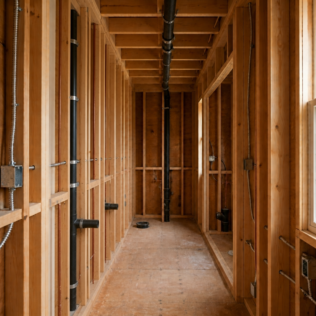 Bathroom stripped back to stud framing during the co-op gut renovation