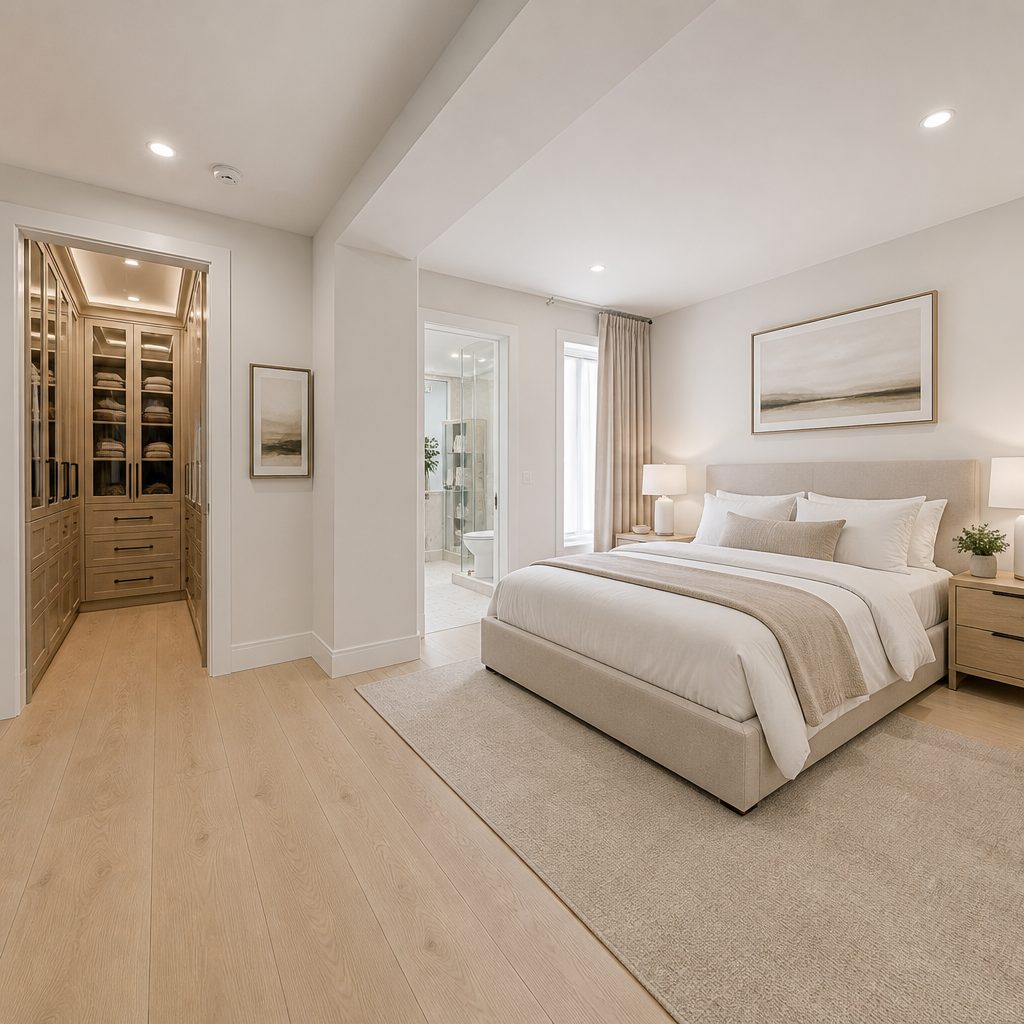 The same bedroom finished with new walls, flooring, and trim
