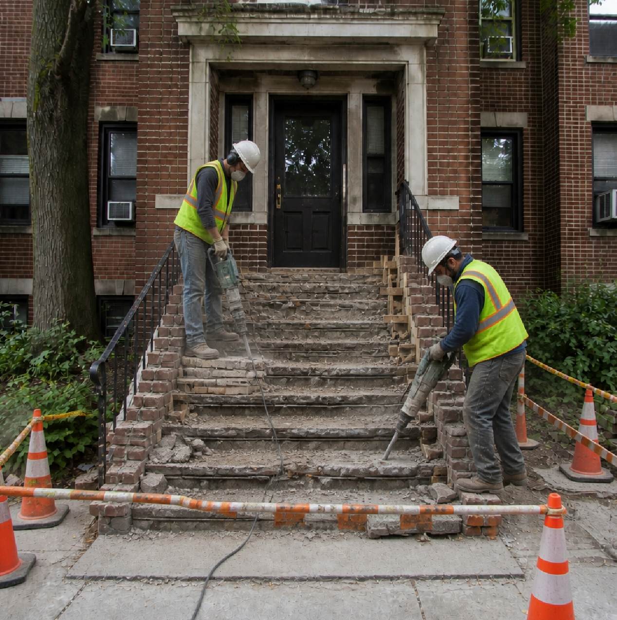 Stoop demolition in progress at the Riverdale project