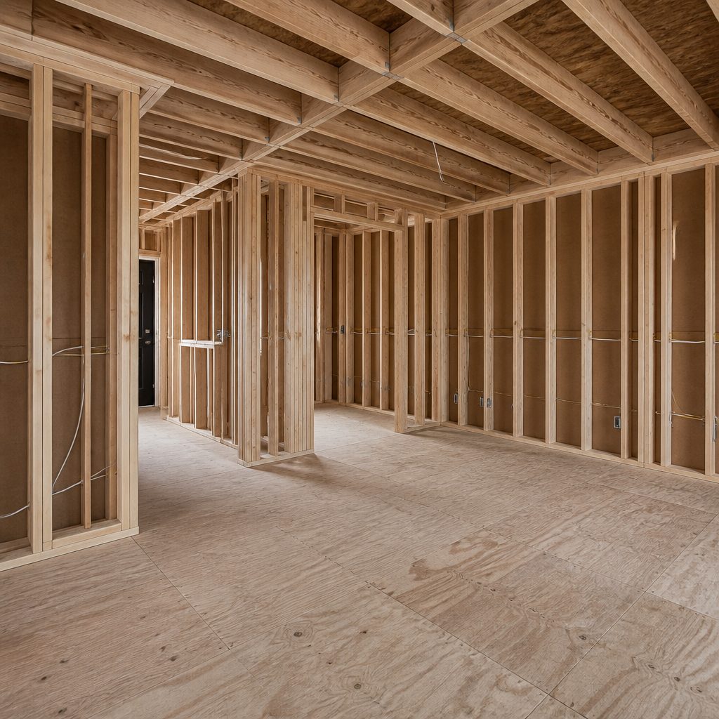 Common area at framing stage after the two apartments were combined