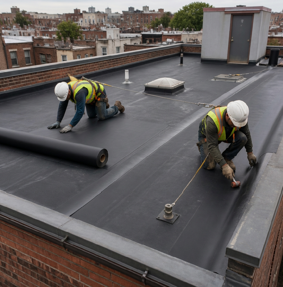 Roof membrane installation at the Bushwick multifamily project
