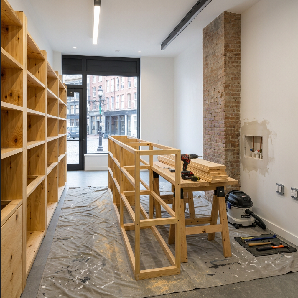 New pine shelving and refrigeration outlets under construction at the South Street Seaport retail reconfiguration
